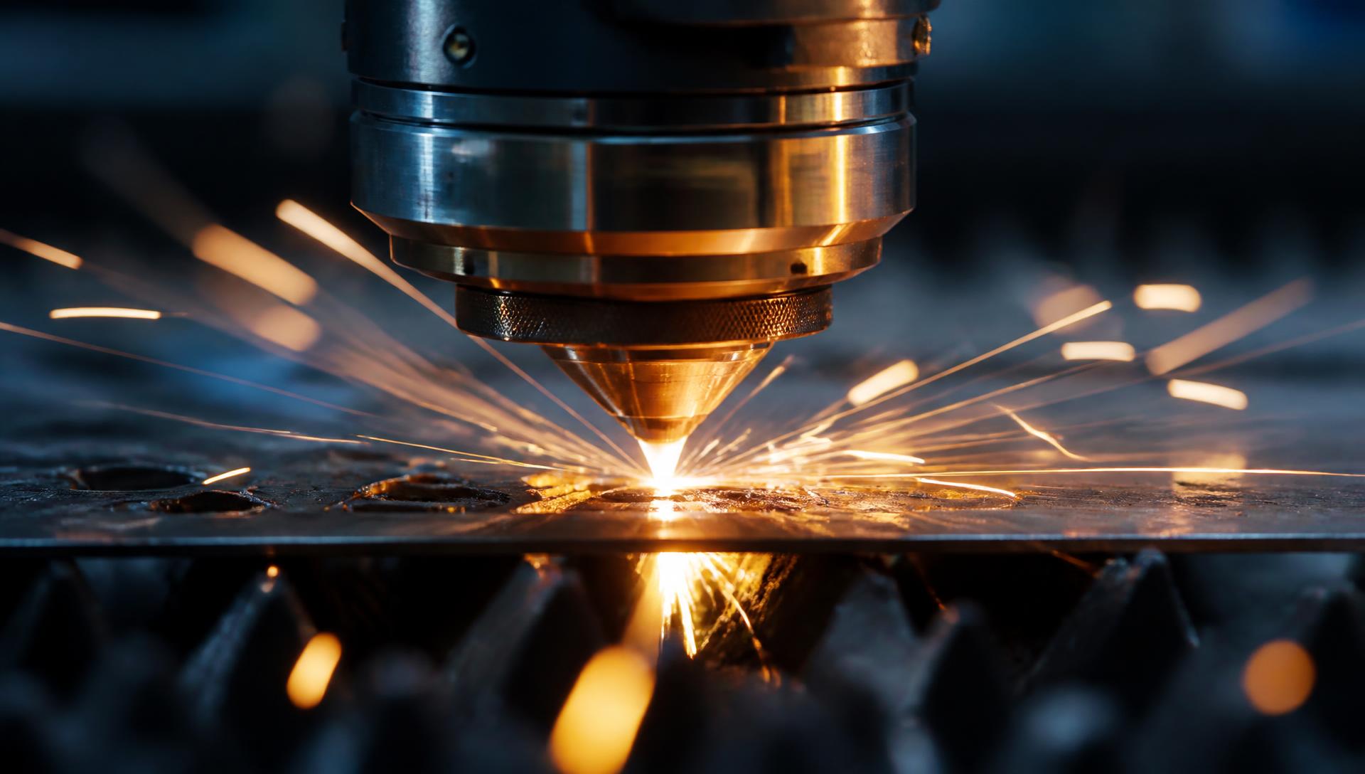 Testa di taglio laser a fibra che incide una lamiera di acciaio, con scintille bianche e arancioni in primo piano