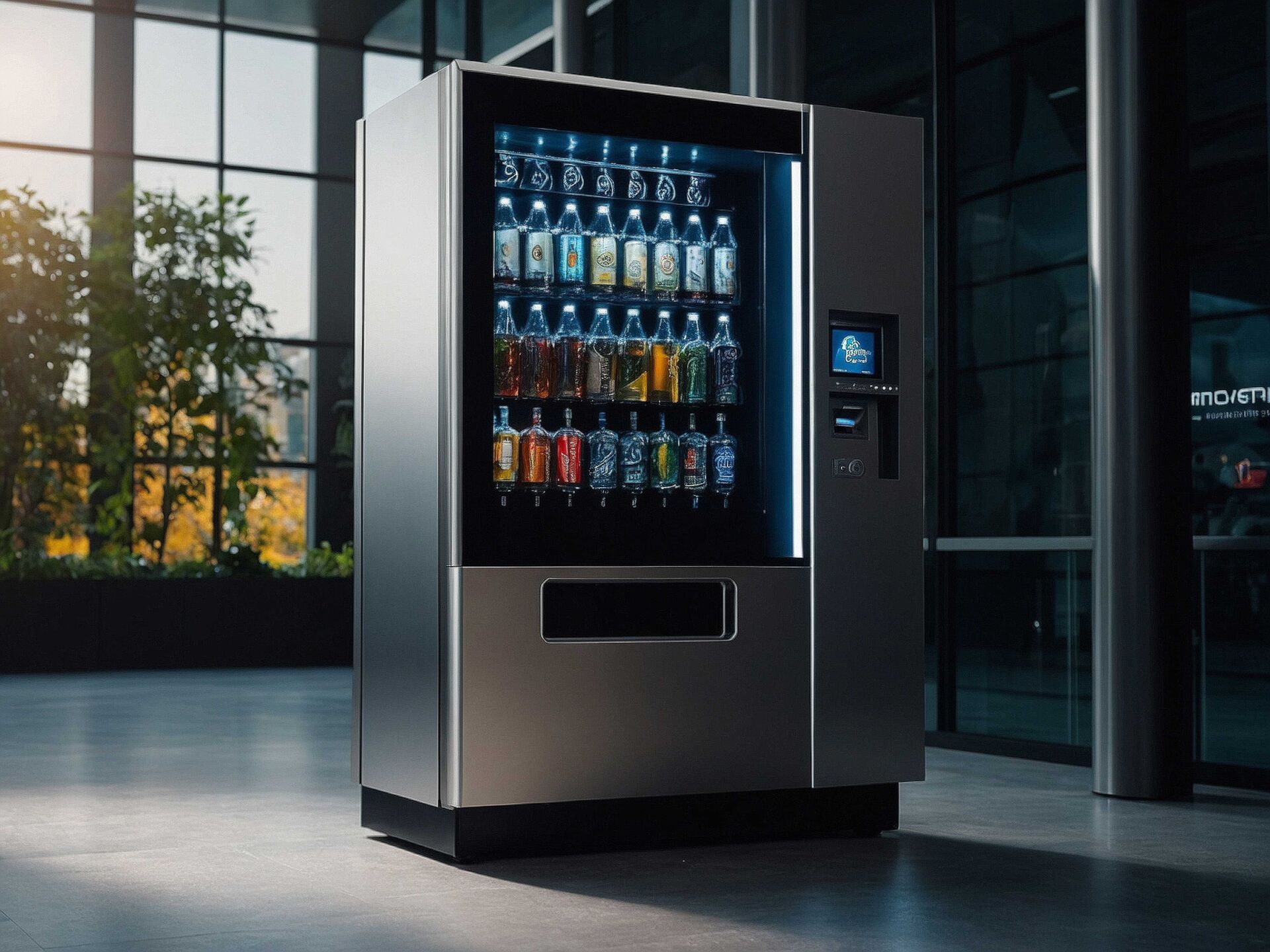 Distributore automatico di bevande con scocca in lamiera verniciata installato all'ingresso di un edificio